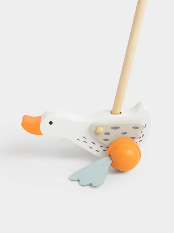Игрушка, 17х10 см, с ручкой, дерево, бело-оранжевая, Бегающий гусь, Goose, image-3