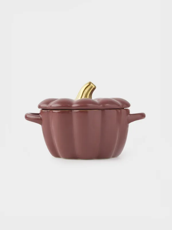 Кокотница, 11 см, 340 мл, с крышкой, керамика, бордово-золотистая, Тыква, Gourd, image-1