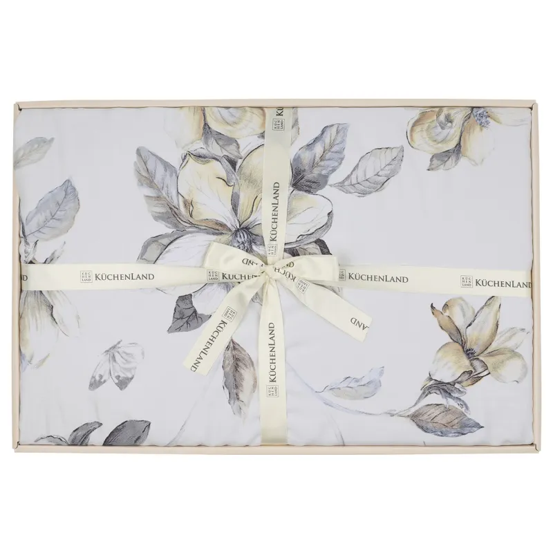 КПБ евро, тенсель 300 ТС, молочно-серый, Цветы магнолии, Tencel, image-1