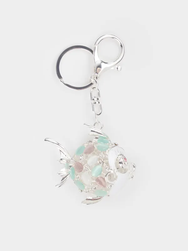 Брелок, 12 см, металл/стразы, серебристый, Рыба-шар, Keychain crystal, image-2