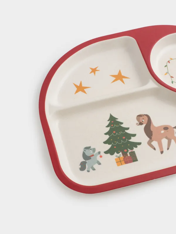 Түскі ас тәрелкесі, балаларға арналған, 27х21 см, 4 бөлім, бамбук, қызыл, Шыршасы бар жылқылар, Little horse, image-4