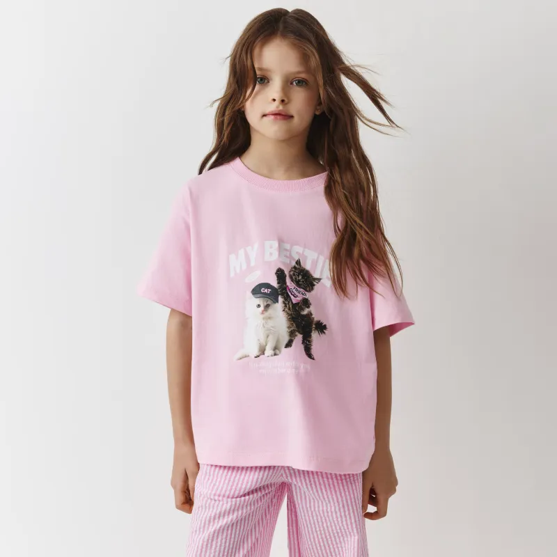 Балалар футболкасы, үйге арналған, 104 см, қыздарға арналған, мақта, қызғылт, Марғаулар, Celso