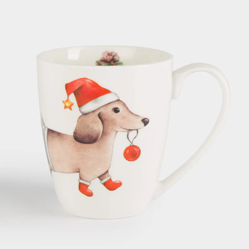 Кружка, 320 мл, фарфор N, белая, Такса с елкой, Christmas dog
