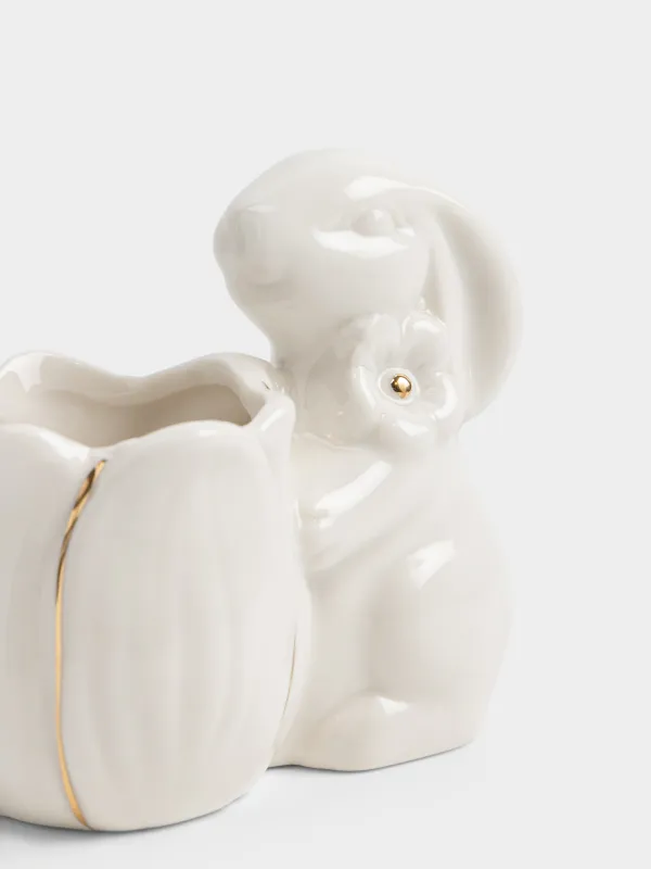 Подставка для зубочисток, 9 см, фарфор P, молочно-золотистая, Кролик с цветком, Flora Easter, image-2