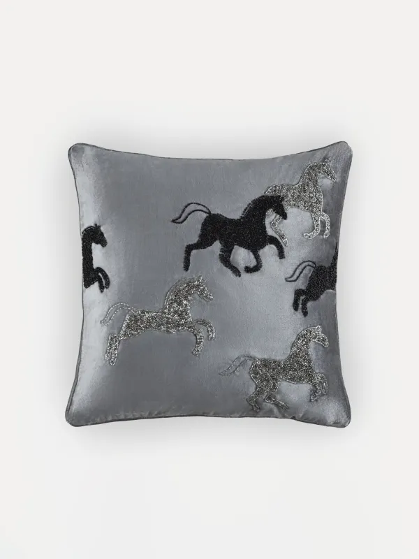 Сәндік жастық, 50х50 см, барқыт/моншақ, сұр, Жылқы, Horse, image-0