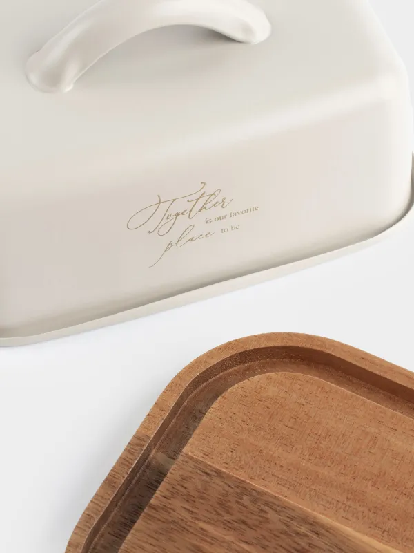 Сары май ыдысы, 17 см, керамика/тікбұрышты ағаш, сүт түстес, Ritlen, image-4