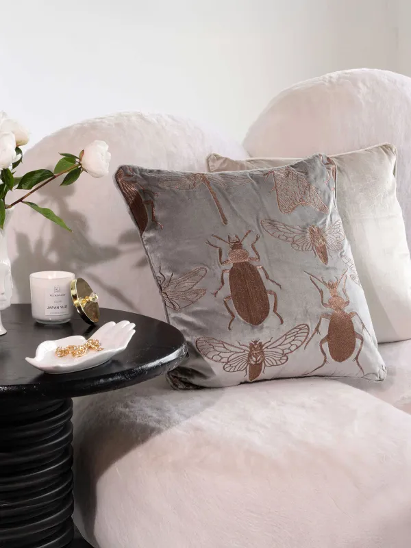 Подушка декоративная, 50х50 см, вельвет, бежево-серая, Жуки, Bugs, image-4