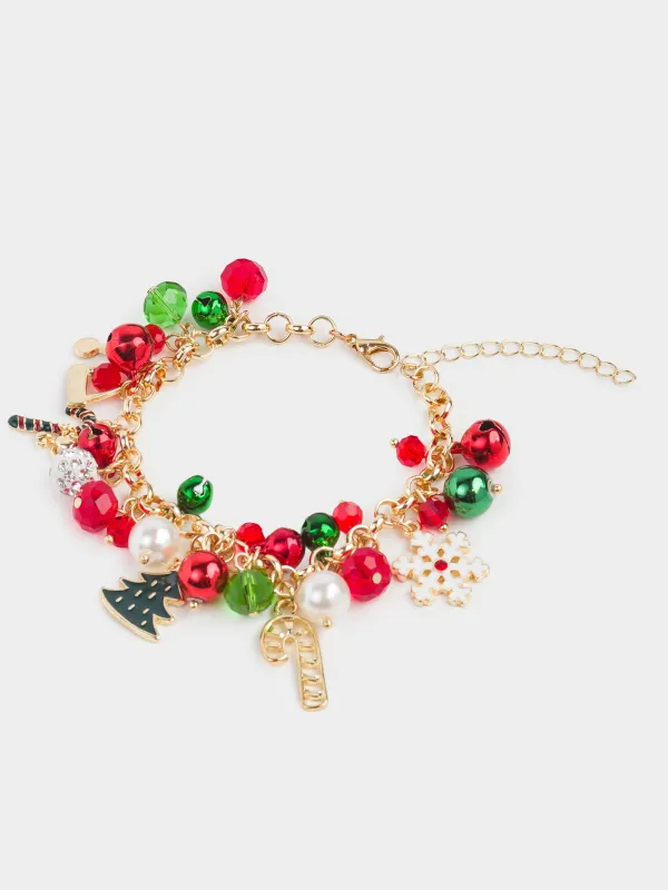 Білезік, 11 см, салпыншақтармен, металл, алтын, қызыл және жасыл моншақтар, Jewelry christmas, image-1