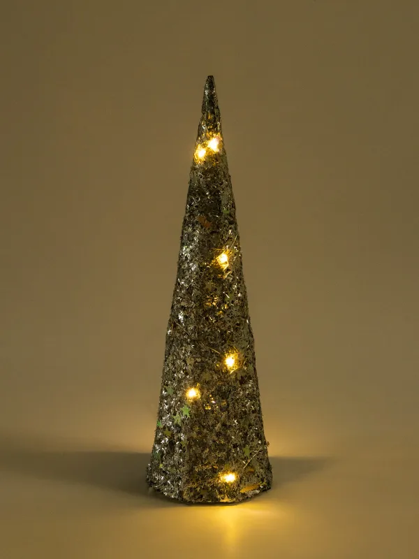 Шырша-конус, 40 см, жарықтандырылған, металл, күміс, Жұлдыздар, Frosty sparks, image-4