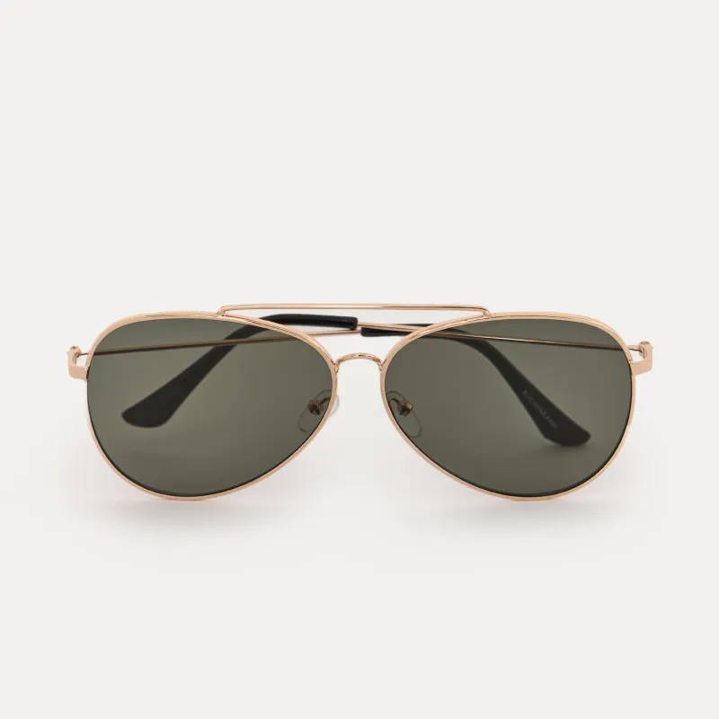 Күннен қорғайтын көзілдірік, көзілдірік қорабы бар, металл/пластик, алтын-жасыл, Авиаторлар, Spiffy