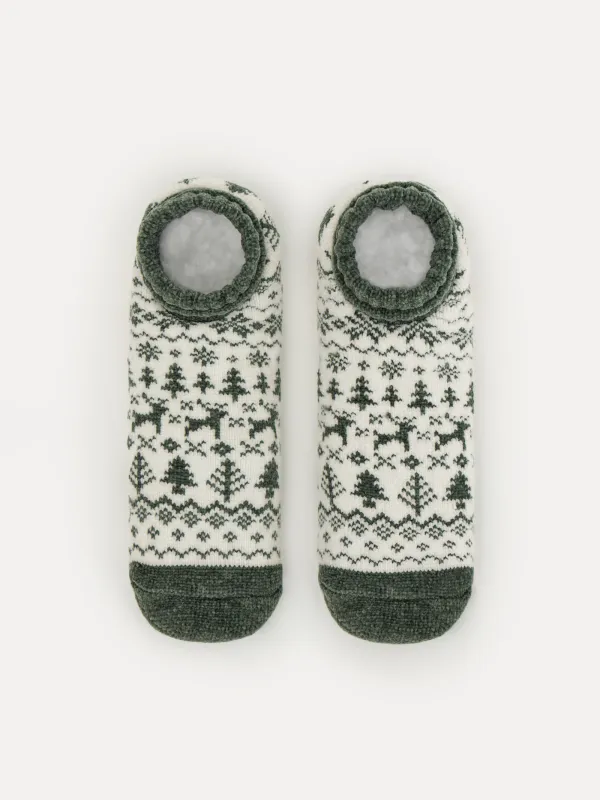 Әйелдер шұлықтары, үйге арналған, өлшемі 36-38, шенилл/шерпа, ақ және жасыл, Қысқы өрнек, Hot winter, image-0