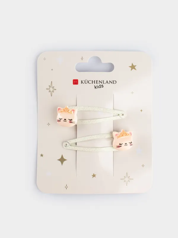 Шаш қыстырғыш, 4 см, 2 дана, металл, сүт алтын түстес, Тәжі бар мысық, Cat, image-3