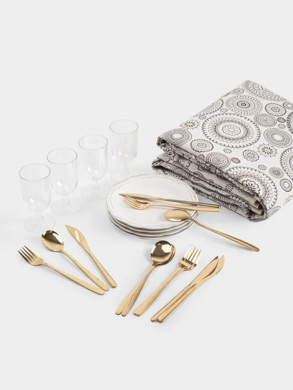 Пикник себеті, 40х28 см, 4 адам, 21 зат, көрпе, жүзім сабағы, сарғылт-қоңыр, Picnic, image-6