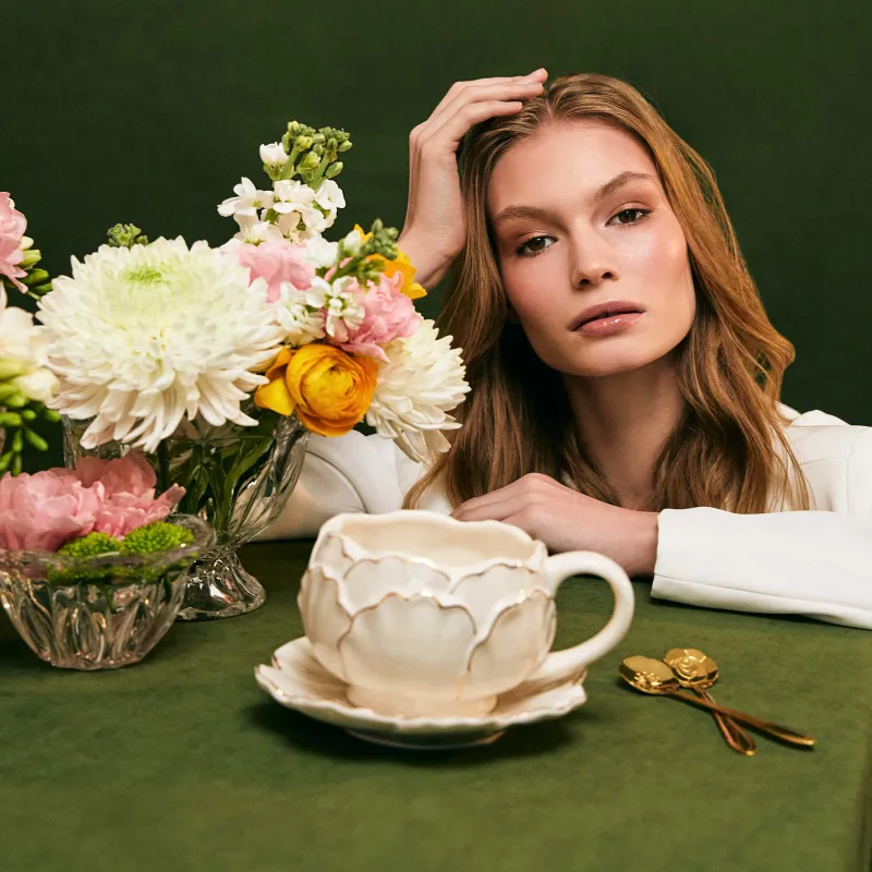 Таңғы асқа арналған шай жұбы, 1 адам, 2 зат, 450 мл, фарфор Р, сүт түстес-алтын, Пион, Bloom, image-6