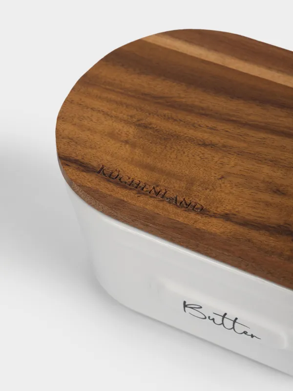 Сары май ыдысы, 16 см, керамика/ағаш, тікбұрышты, сүт түстес, Noble tree, image-4