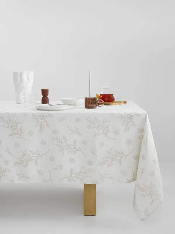 Дастархан, 160х160 см, жаккард, полиэстер, сарғылт-қоңыр, Қылқан жапырақты бұтақтар, Conifer branches, image-0