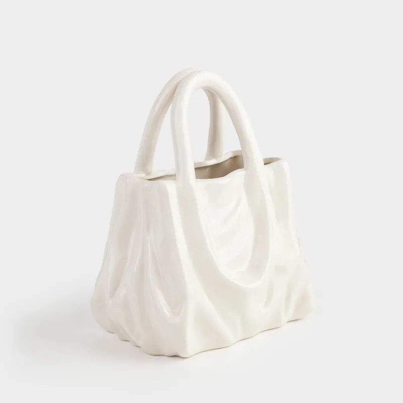 Гүл вазасы, 20х22 см, сәндік, керамика, сүт түстес, Мыжылған әсер, Сөмке, Crumple, image-2