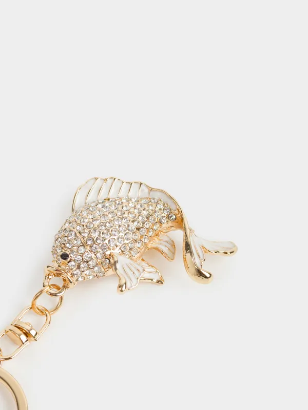 Салпыншақ, 12 см, металл/страздар, алтын, Балық, Keychain crystal, image-3