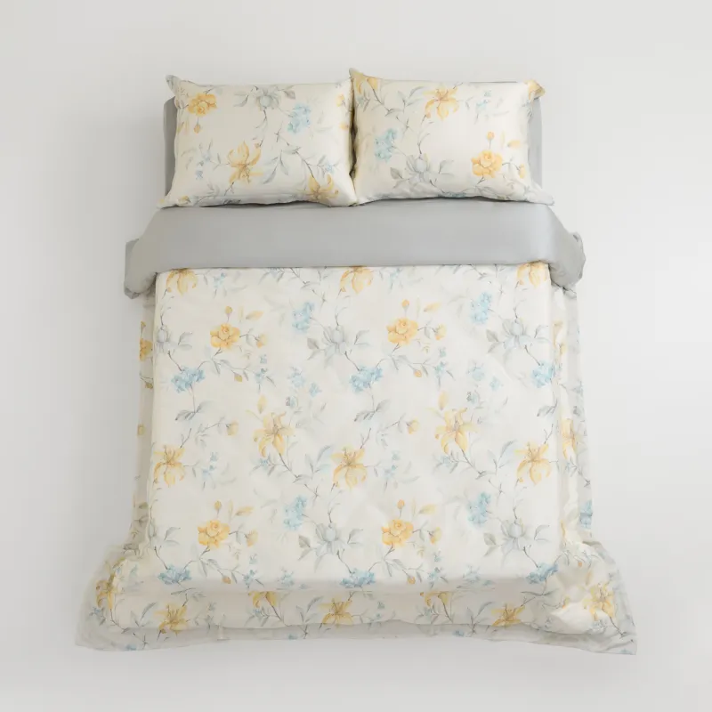 Төсек жиынтығы, еуро, тенсель 300 ТС, ақ және сұр, Лалагүлдер, Tencel