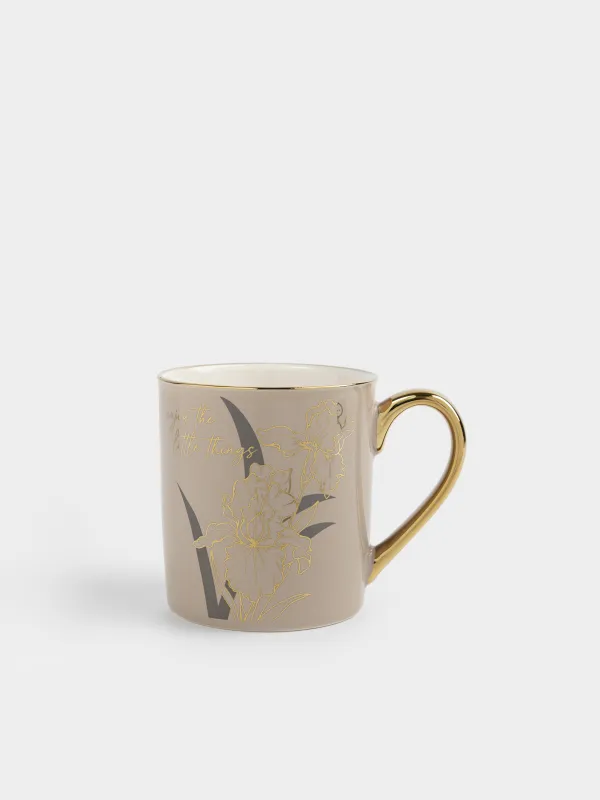 Кружка, 300 мл, фарфор N, бежево-золотистая, с золотистым кантом, Ирисы, Flower gold, image-0