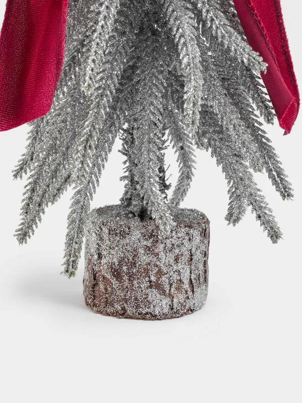 Жасанды шырша, 30 см, полиэтилен/ағаш, күміс, қою қызыл банты бар шырша, Conifer curved, image-1