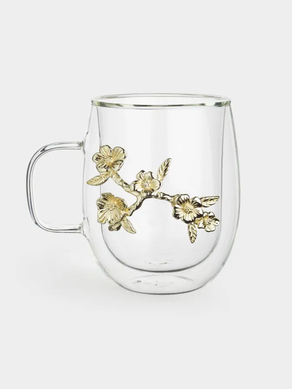 Кружка, 350 мл, стекло Б/металл, Золотистые цветы, Air decor, image-0