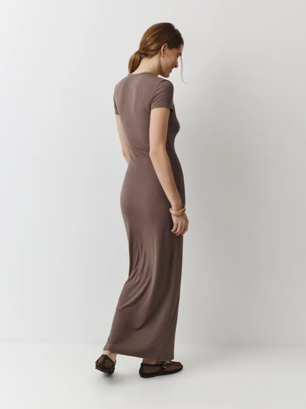 Әйелдер көйлегі, макси, өлшемі L, қысқа жеңді, қырлы, модал/спандекс, мокко, Cirila, image-3