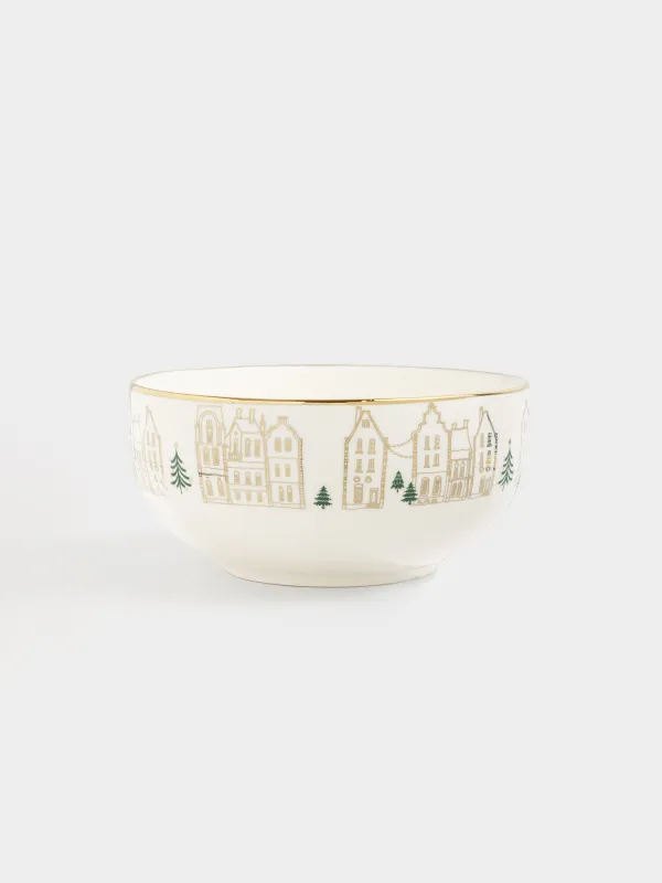 Пиала, 14x7 см, фарфор N, молочно-золотистая, Домики и лошадь, Snow sparks, image-0
