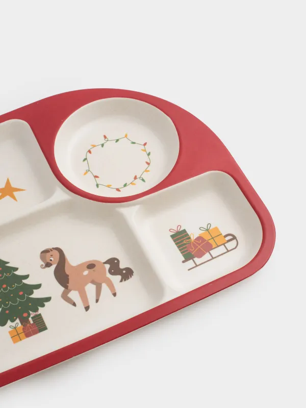 Түскі ас тәрелкесі, балаларға арналған, 27х21 см, 4 бөлім, бамбук, қызыл, Шыршасы бар жылқылар, Little horse, image-3