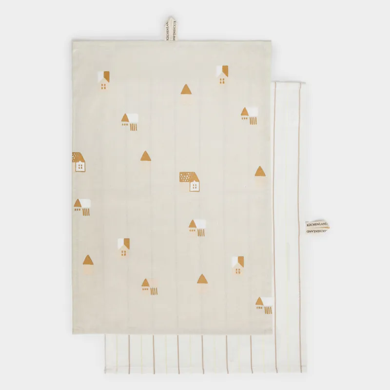 Полотенце кухонное, 40х60 см, 2 шт, хлопок, молочное/бежевое, Полосы/Дома, House built