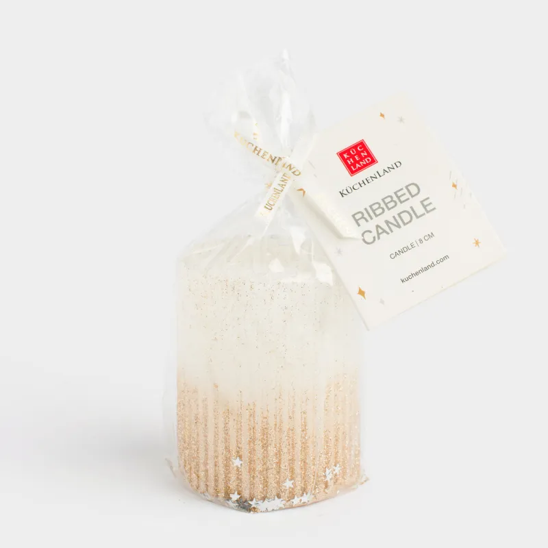 Шам, 8 см, цилиндрлік, жылтырақтары бар, сүт-алтын түстес, Ribbed candle, image-4