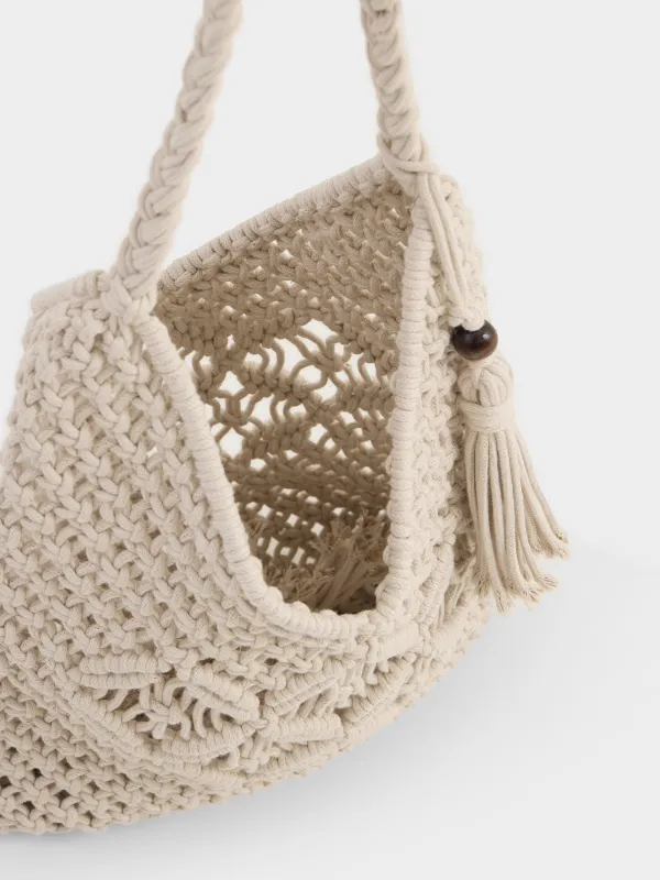 Сумка пляжная, 33х29 см, плетеная, с кисточкой, хлопок, бежевая, Stintino, image-3