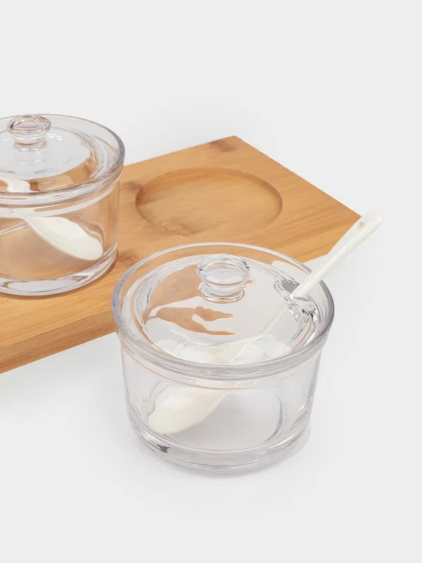 Джем / қант вазасы, 180 мл, 3 дана, қасықпен, стендте, шыны / бамбук / керамика, бамбук, image-3