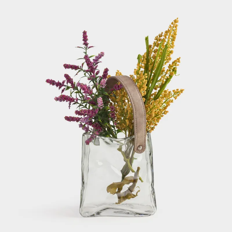 Гүл вазасы, 17 см, сәндік, тұтқасы бар, шыны/полиуретан, сұр, сөмке, Crumple color, image-4