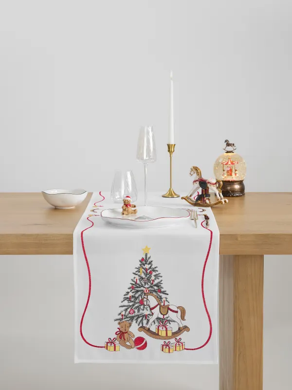 Үстел төсеніші, 40х160 см, полиэстер, ақ, Шырша мен жылқылар, Holiday horse, image-2