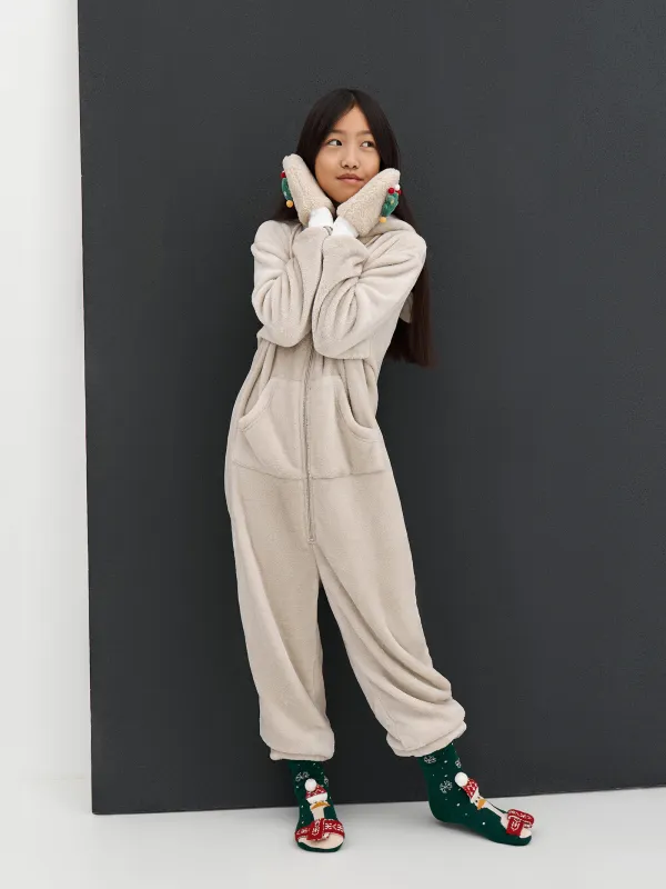 Варежки детские, единый размер, шерпа, бежевые, Елочки, Plush, image-8