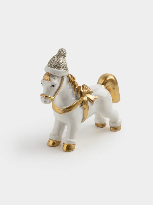 Мүсінше, 8 см, полирезин, сүт және алтын түстес түстес, Қалпақ киген жылқы, Horse christmas, image-1