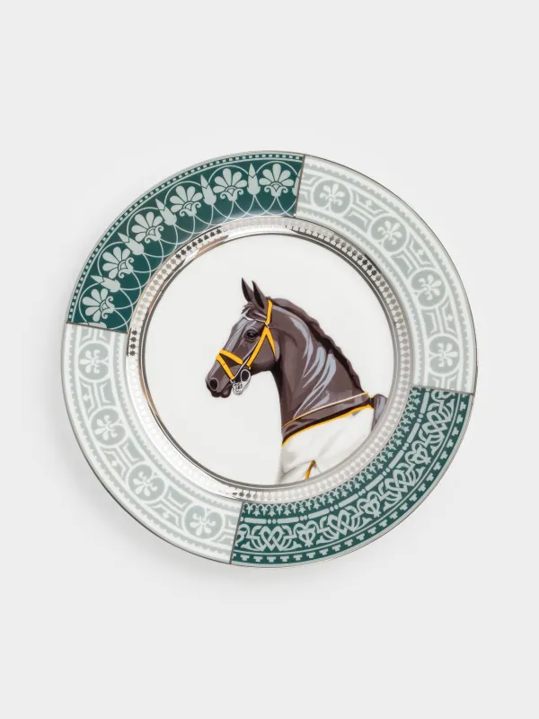 Тіскебасар тәрелкесі, 21 см, фарфор F, ақ және жасыл, күміс жиектері бар, Жылқы, Breton horse, image-0