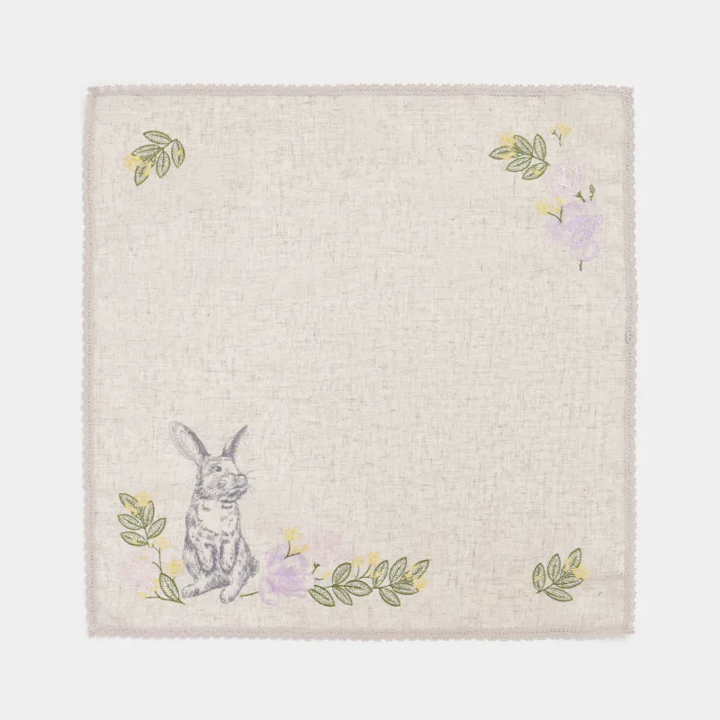 Салфетка пасхальная, 65х65 см, полиэстер/лен, в корзину, бежевая, Кролик, Rabbits in flower