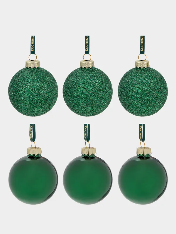 Набор елочных игрушек, 6 см, 6 шт, стекло, зеленый, Шар, Ball sparkle, image-0