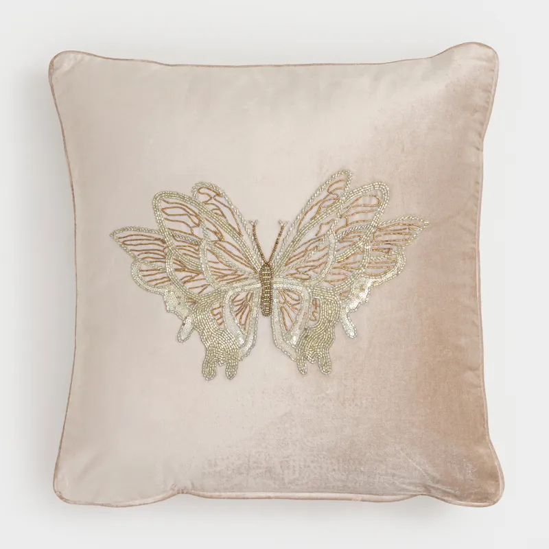 Сәндік жастық, 50х50 см, барқыт/моншақ, сарғылт-қоңыр, Көбелек, Bugs