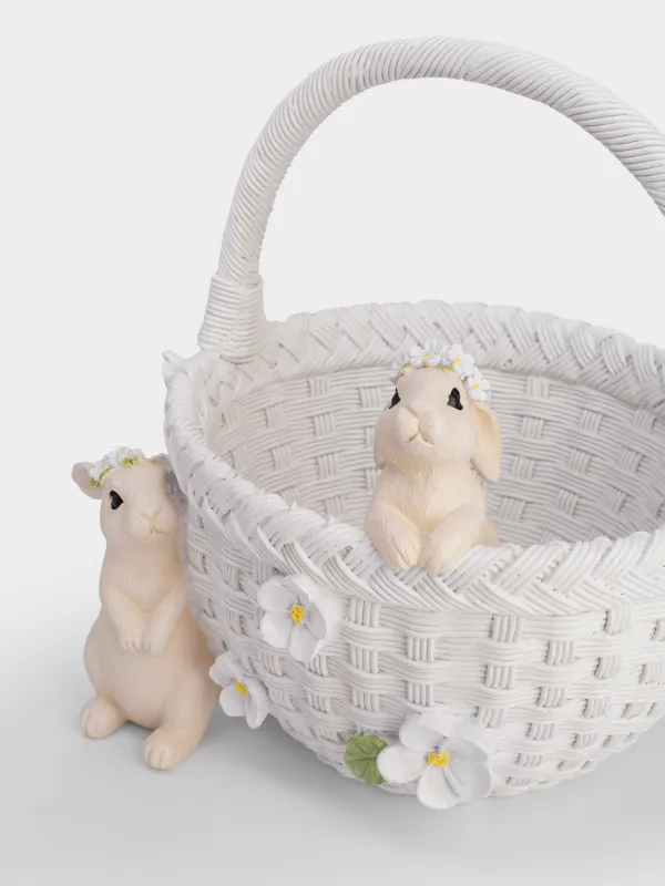 Кәмпит ыдысы, 21х24 см, тұтқасы бар, полирезин, ақ, Гүлдері бар себеттегі қояндар, Easter, image-2