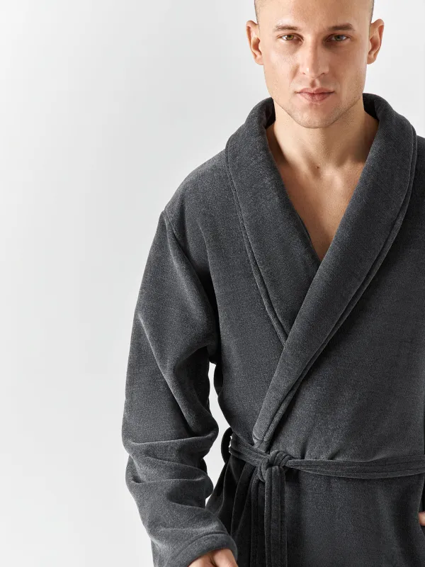 Ерлер халаты, үйге арналған, өлшемі S-M, ұзын жеңді, шенилл/жасанды үлбір, сұр, Jesse, image-2