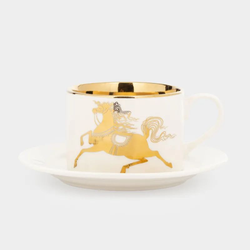 Шай жұбы, 1 адам, 2 зат, 220 мл, фарфор N, ақ-алтын, Жылқы, Horse gold