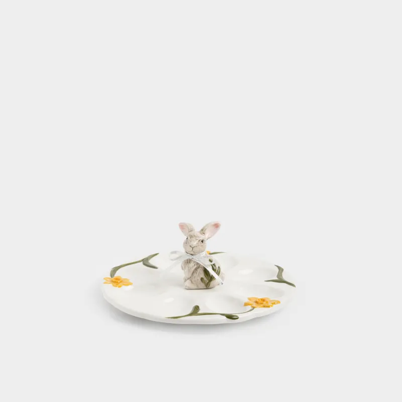 Пасха ыдысы, 20х9 см, 8 бөлім, керамика, сүт түстес, Гүлдері бар қоян, Rabbit in narcis