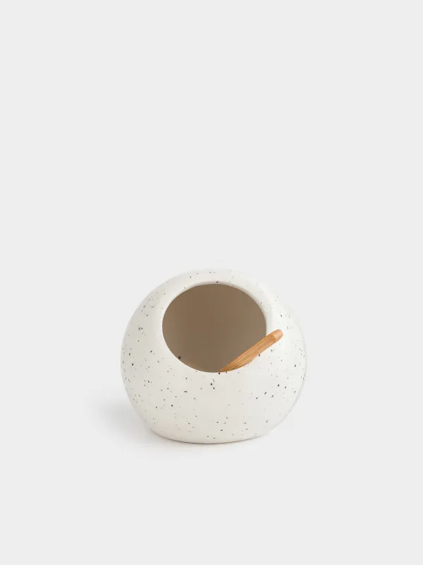 Тұзға арналған ыдыс, 13 см, қасығы бар, керамика, ақ, дақты, Speckled black, image-0