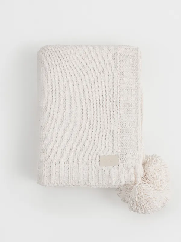 Плед, 130х170 см, с помпонами, шенилл/люрекс, молочный, Chenill, image-0