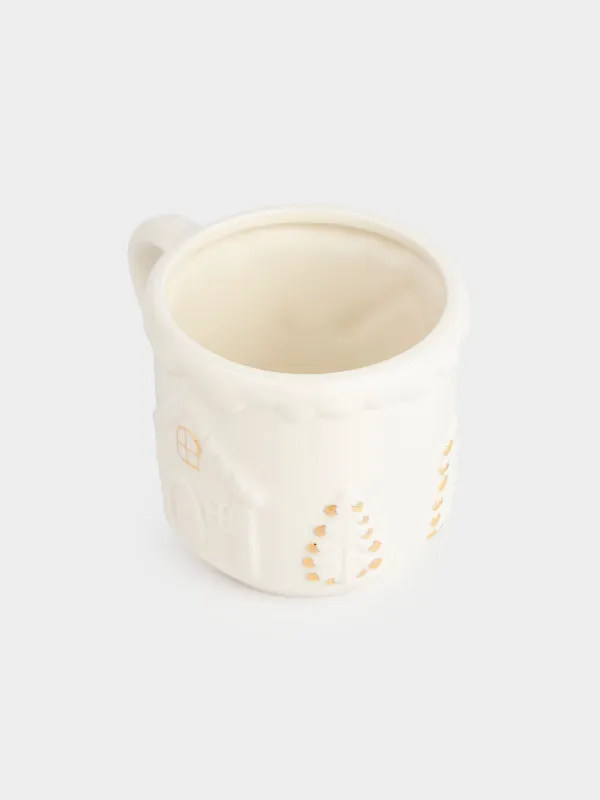 Саптыаяқ, 500 мл, керамика, сүт және алтын түстес, Шыршалары бар үй, Snow sparks, image-3