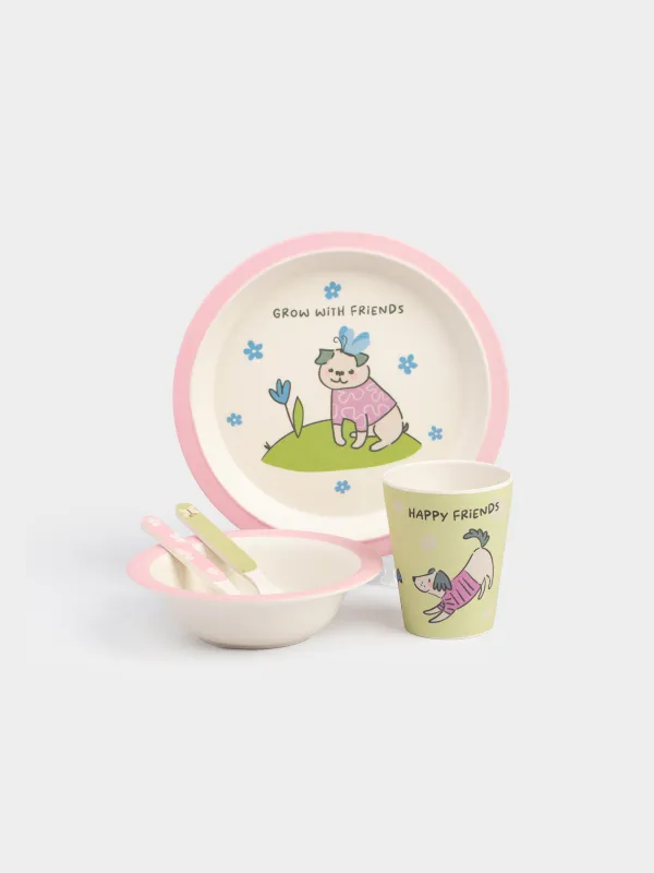 Ыдыс-аяқ жинағы, балаларға арналған, 1 адам, 5 зат, бамбук, қызғылт-жасыл, Иттер, Pretty friends, image-0