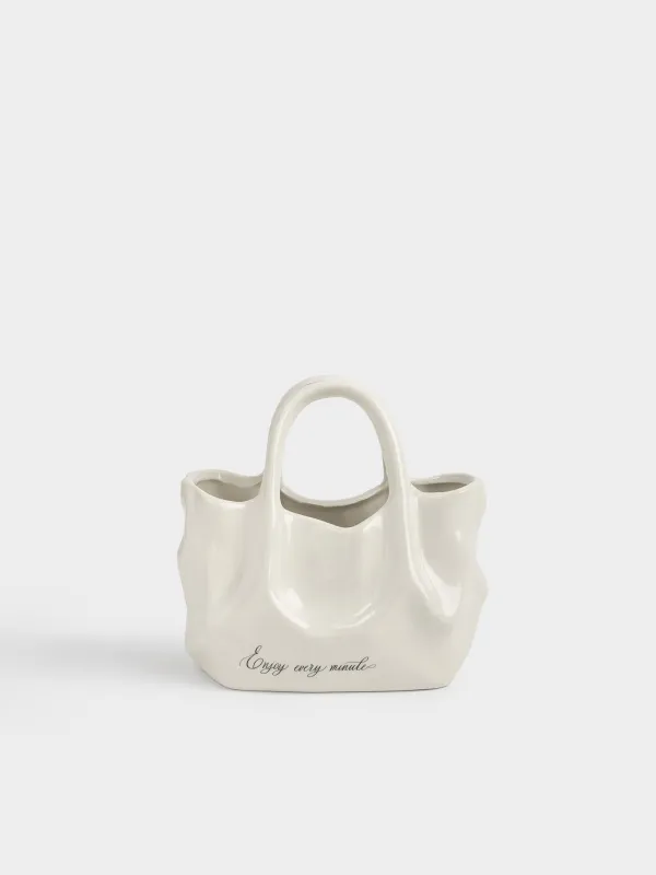 Гүл вазасы, 20х20 см, сәндік, тұтқасы бар, керамика, сүт түстес, Сөмке, Crumple, image-0